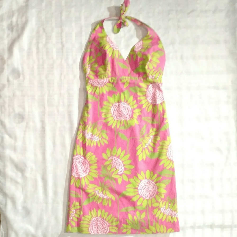 LILLY PULITZER Pink Green Floral Halter Dress Sz 0